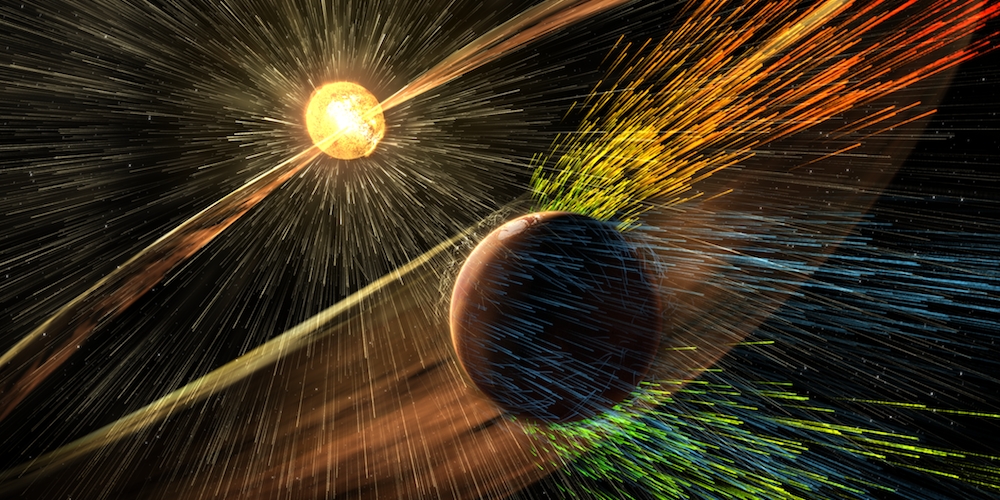 Artistieke impressie van de hevige zonnewind die de atmosfeer van Mars de ruimte inblies