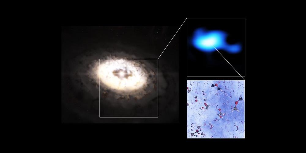 Deze fotocollage toont een artist’s impression van de planeet-vormende schijf rond de ster IRS 48, tevens bekend als Oph-IRS 48.