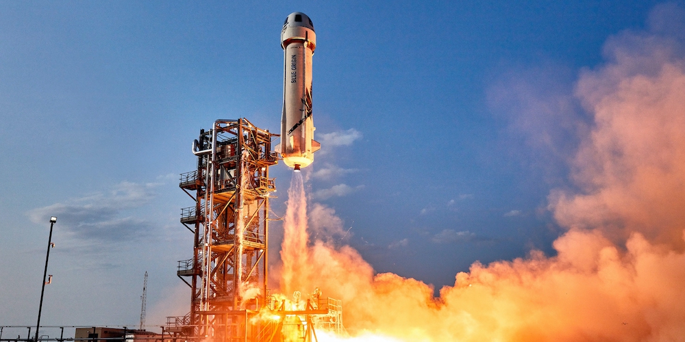 Lancering van een New Shepard raket en ruimtecapsule. 