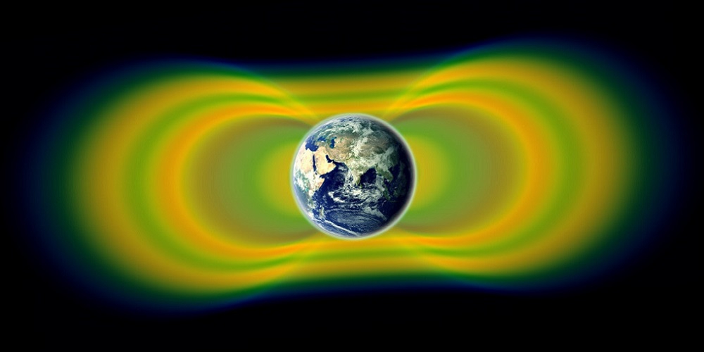 Artistieke impressie van de stralingsgordels rond de aarde.