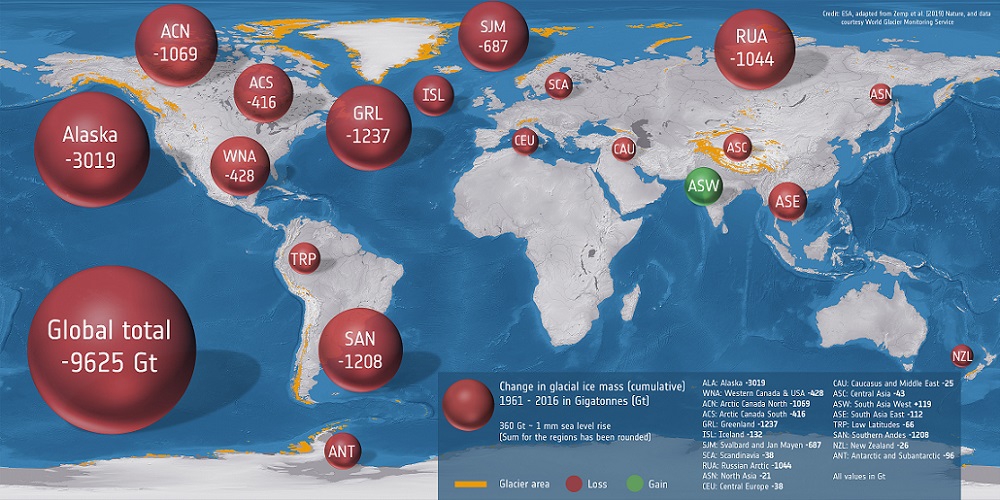 Wereldkaart met daarop het verlies van ijs in de afgelopen 50 jaar.