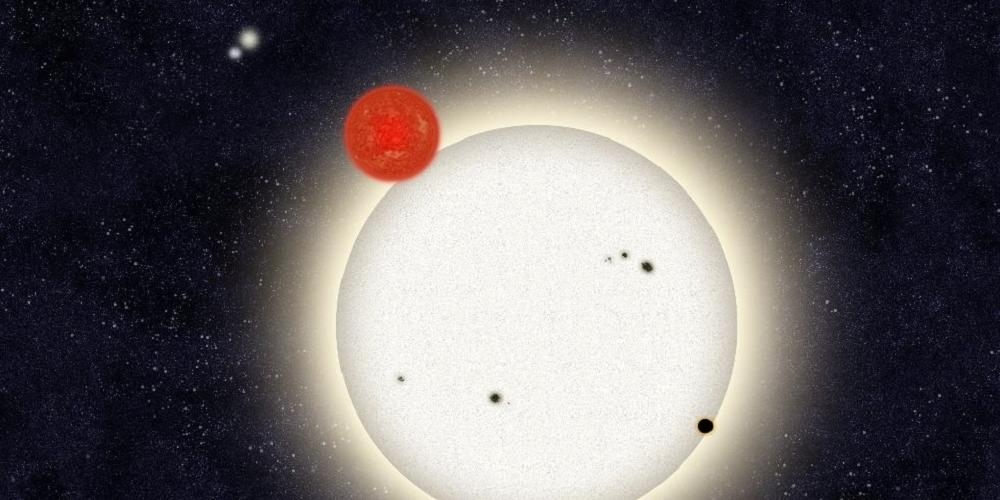 Artistieke impressie van exoplaneet PH-1 en zijn vier zonnen