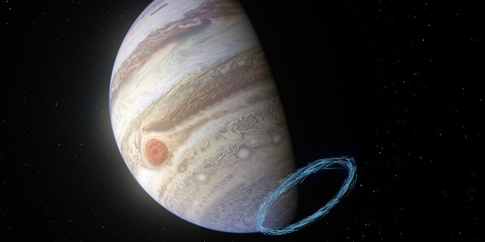 Deze afbeelding geeft een artistieke impressie van winden in de stratosfeer nabij de zuidpool van de planeet Jupiter, waarbij de blauwe lijnen de windsnelheden weergeven.