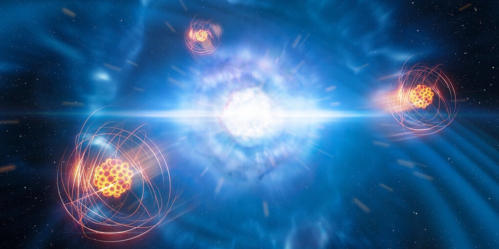 Een team van Europese onderzoekers heeft, met behulp van gegevens van het X-shooter-instrument van ESO’s Very Large Telescope, de signaturen ontdekt van strontium dat bij een samensmelting van neutronensterren is gevormd.