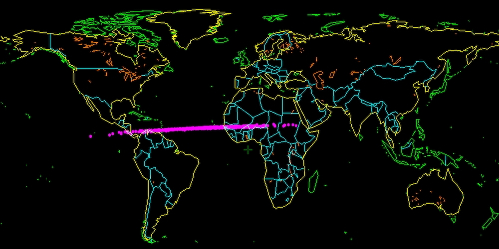 In de gemarkeerde zone zouden brokstukjes van de planetoïde 2014 AA terecht zijn gekomen