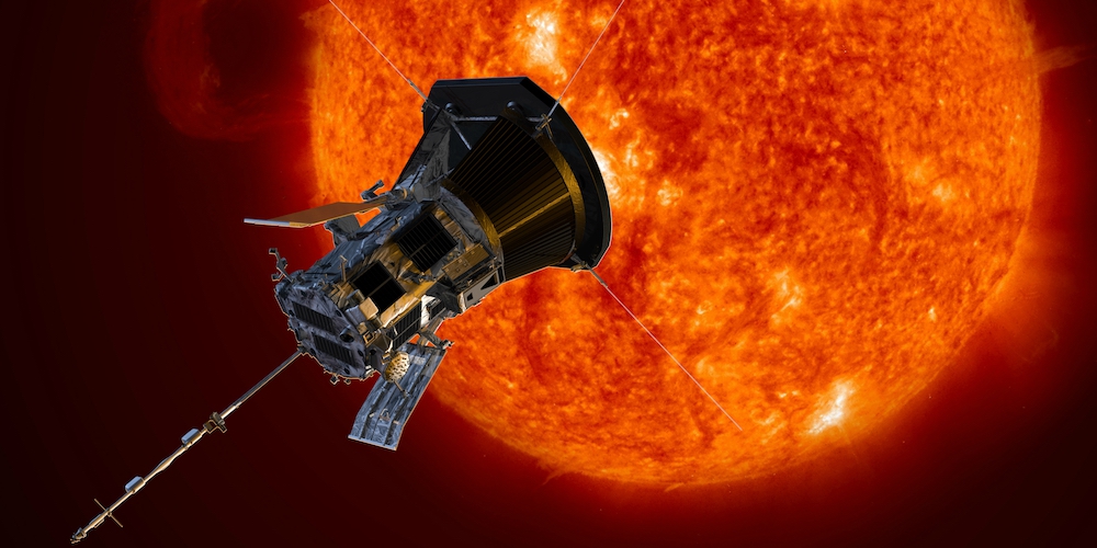 Artistieke impressie van de Parker Solar Probe in een buurt van de Zon.