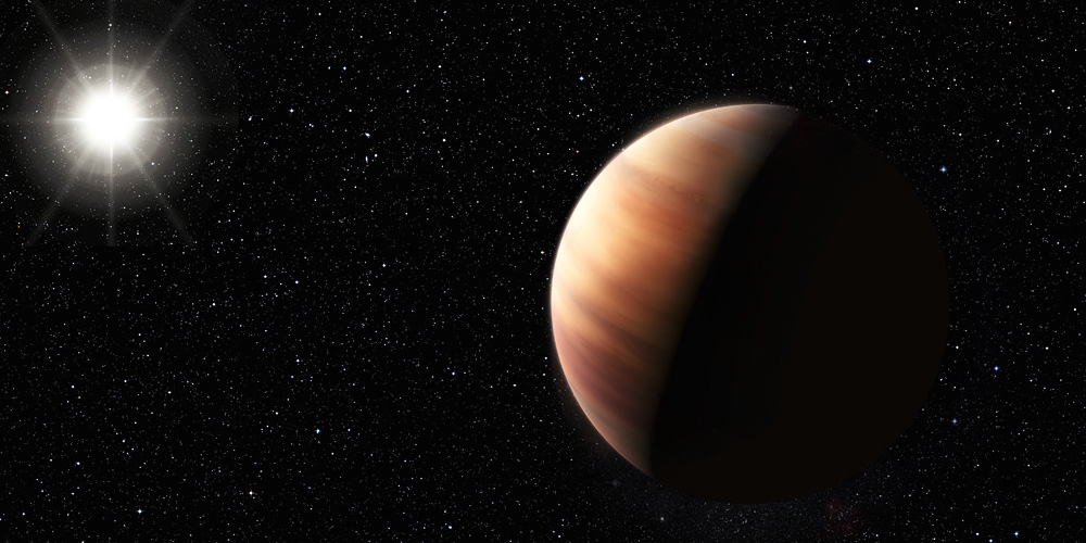 Deze artist’s impression toont de recent ontdekte Jupiterachtige gasreus die om de zonachtige ster HIP 11915 cirkelt. Qua massa en qua afstand tot zijn moederster is de planeet vergelijkbaar met Jupiter